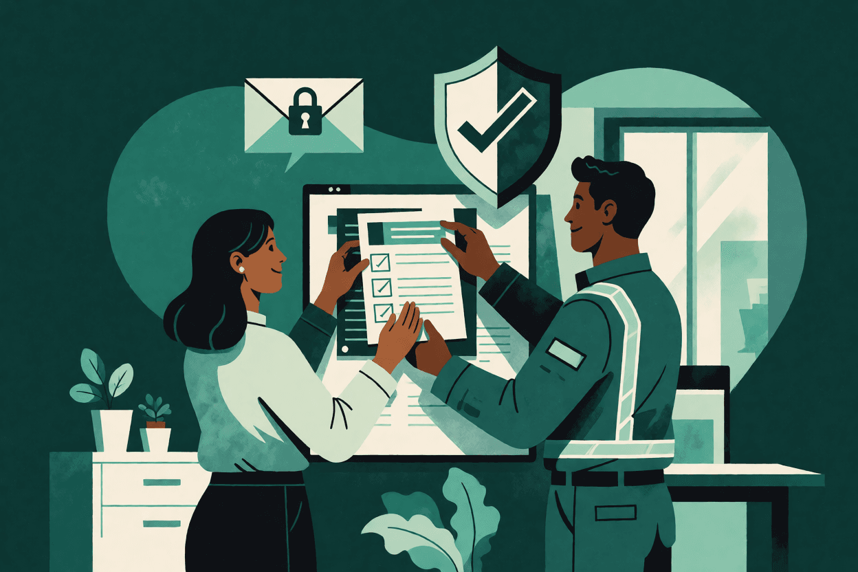 Ilustração de analista de RH e técnico de SST fixando uma política com checklist em um quadro, em um escritório
