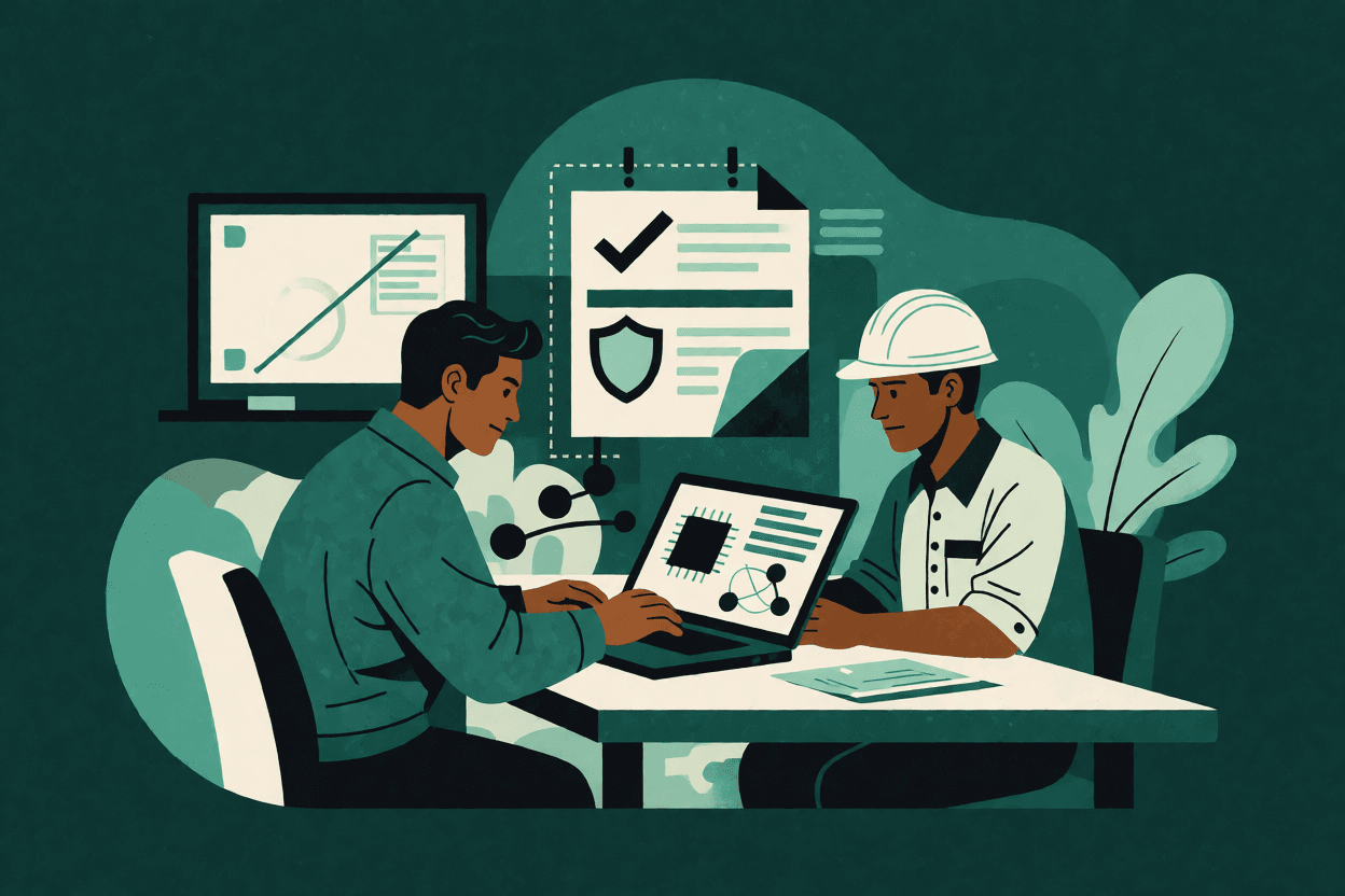 Ilustração de técnico de SST e operador analisando um notebook com ícone de chip, checklist e escudo em sala de treinamento