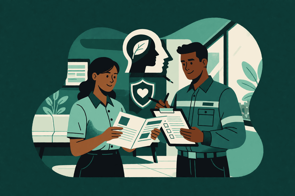 Ilustração de psicóloga do trabalho e técnico de SST revisando um guia impresso e um checklist em sala de bem-estar