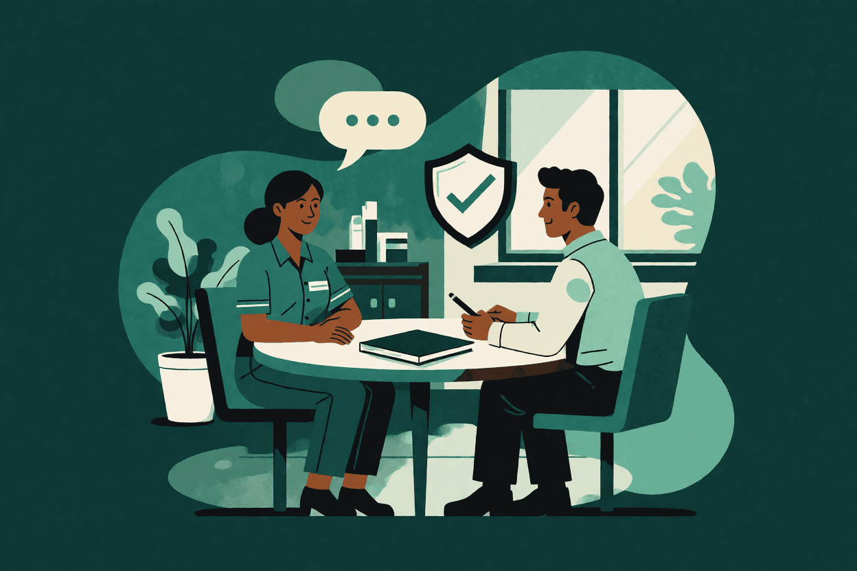 Ilustração de profissional de saúde ocupacional e funcionário conversando em uma sala, com uma pasta fechada sobre a mesa