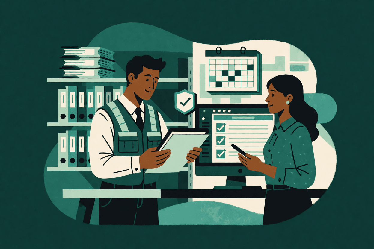 Ilustração de técnica de SST e analista de RH conferindo pasta de CATs e formulário eletrônico, com calendário