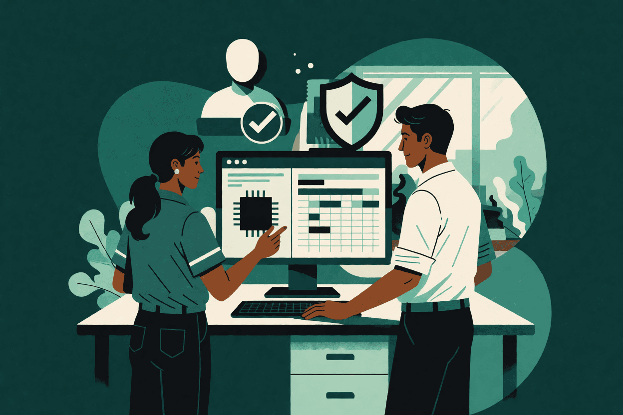 Ilustração de técnica de SST e gestor de RH diante de tela com chip de IA, matriz de riscos e ícone de aprovação humana