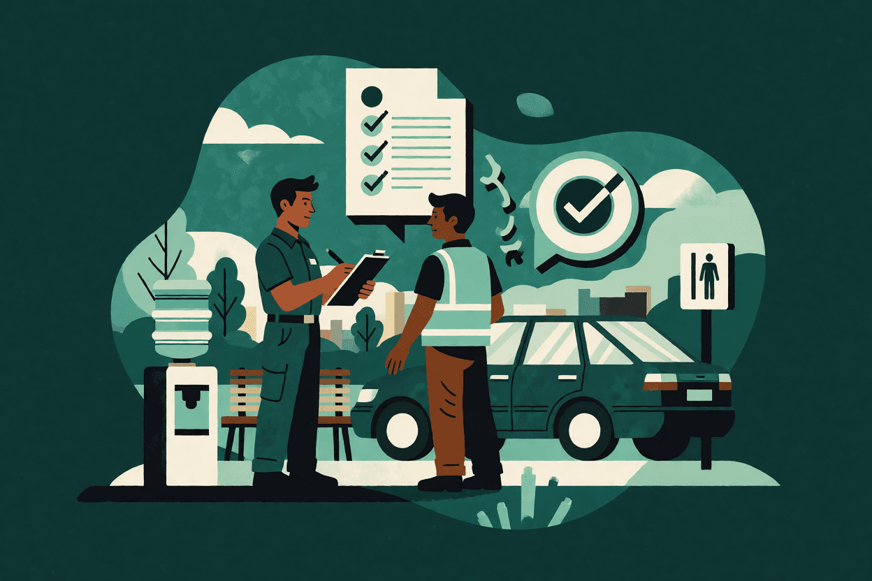 Ilustração de motorista de aplicativo e técnico de SST ao lado de um ponto de apoio com bebedouro, banco e checklist