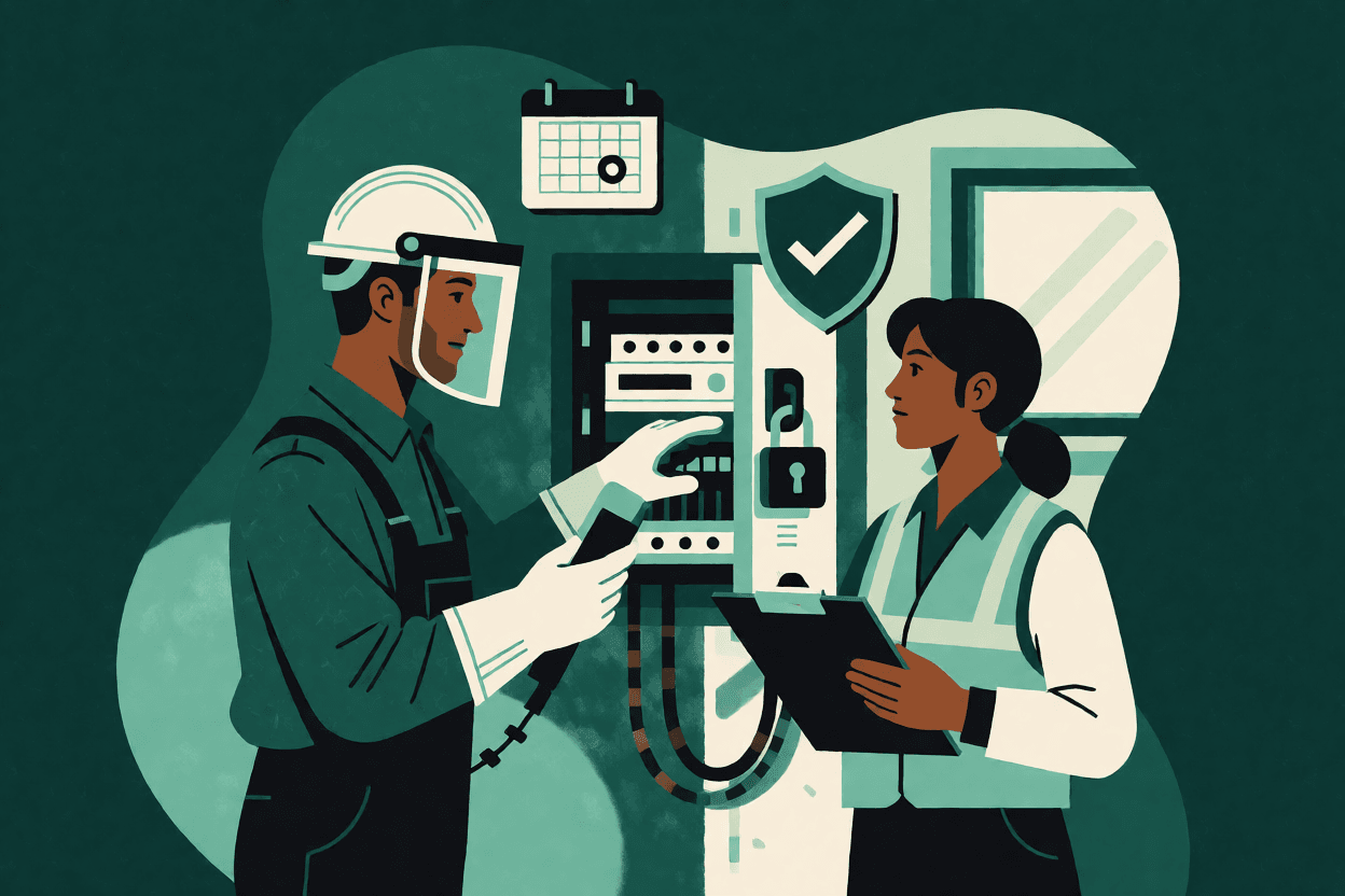 Ilustração de eletricista e técnica de SST ao lado de quadro elétrico com cadeado e calendário