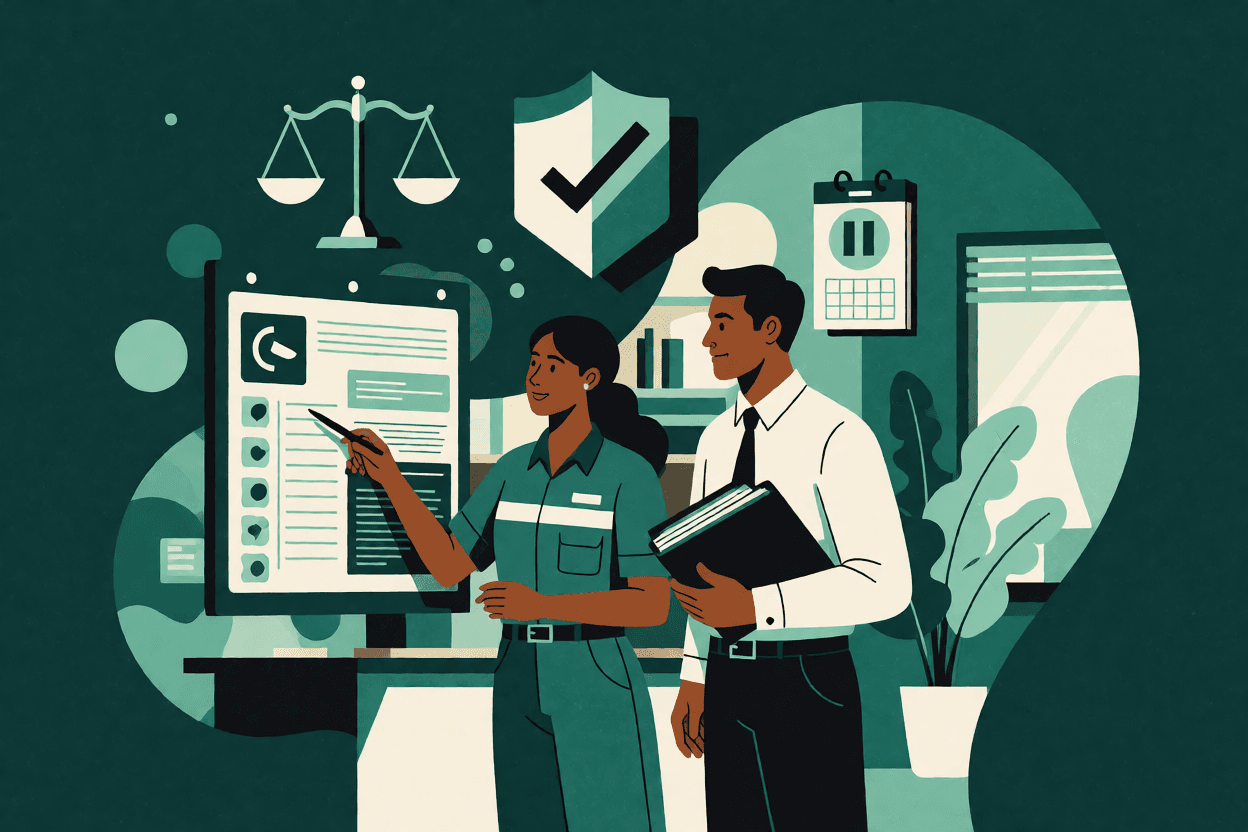 Ilustração de técnica de SST e gestor de RH revisando inventário de riscos, com símbolo de pausa sobre calendário e balança