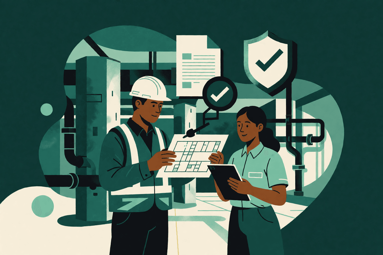 Ilustração de técnico de SST e analista revisando planta de dois prédios com subsolo comum, gerador e tanque de combustível