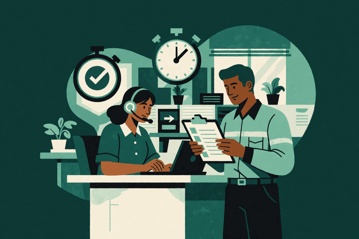 Ilustração de operador de call center e técnico de SST revisando um checklist de saída do posto, com cronômetro e escudo