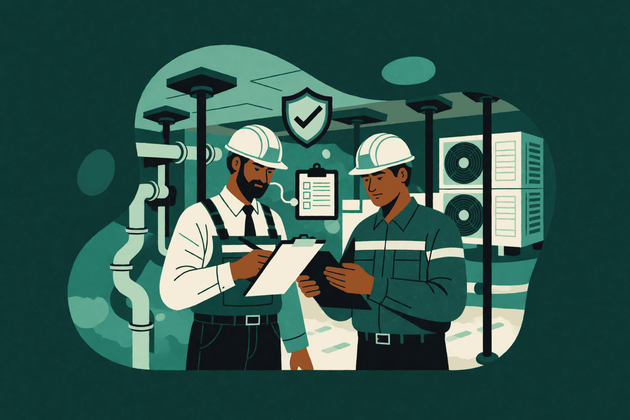 Engenheiro e técnico de SST revisando checklist numa casa de máquinas com escoras sob a laje e escudo de prevenção