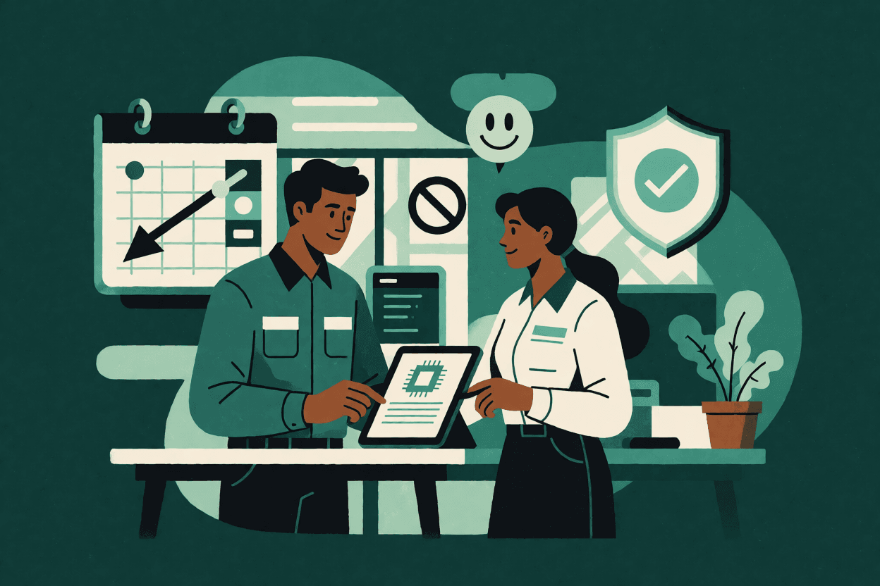 Ilustração de técnica de SST e analista de RH diante de calendário com data distante, chip de IA, rosto proibido e escudo